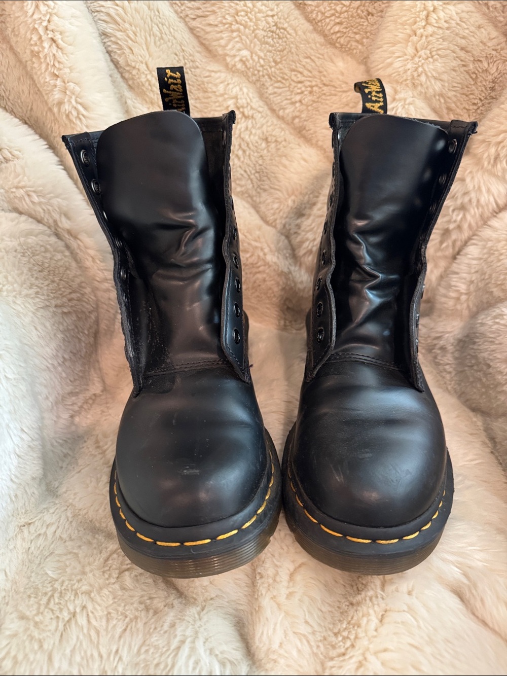Dr. Martens Black Leather Boots with Yellow Stitching Detail